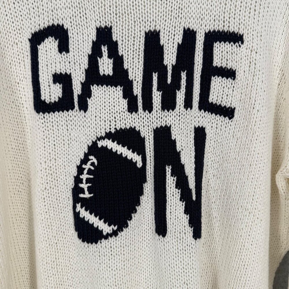 Wooden Ships Game On Football Open Knit Sweater Size M/L White Blue Oversized - Picture 2 of 11